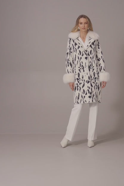 Feather Yarn Animal Jacquard Coat with Faux Fur Trim