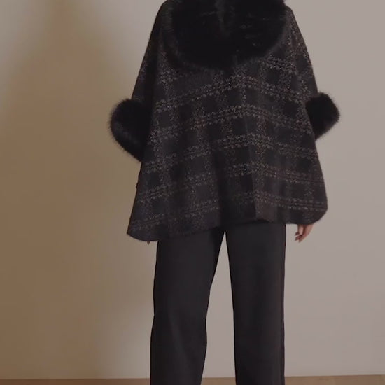 Jacquard Sweater Knit Cape with Faux Fur Accents