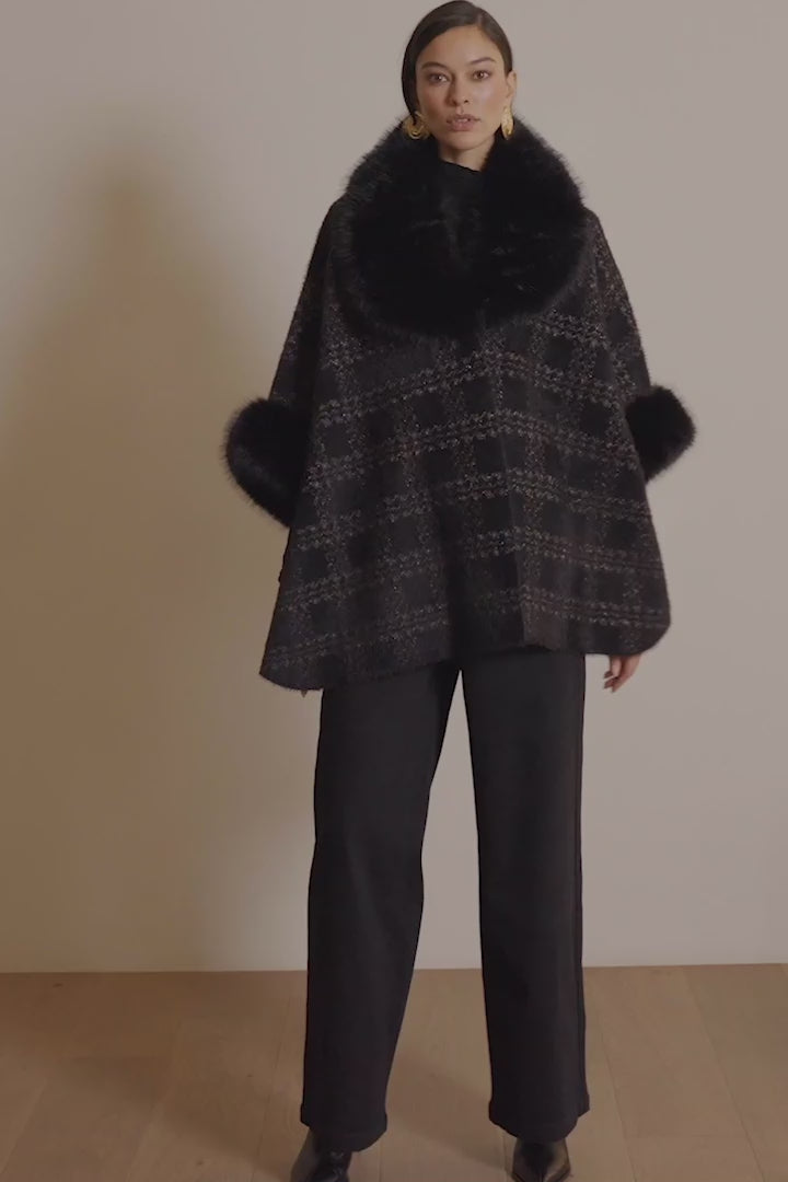 Jacquard Sweater Knit Cape with Faux Fur Accents