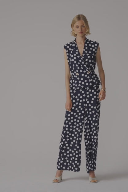 Georgette Dot Print Wrap Peplum Top With Gold Buttons