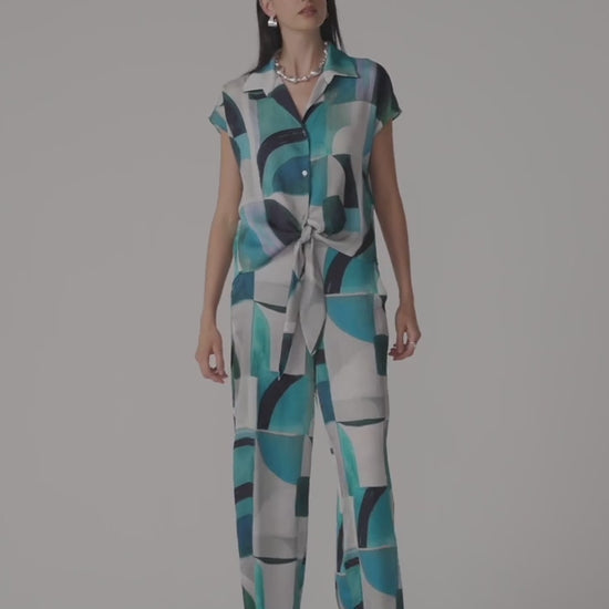 Textured Satin Geometric Print Wide Leg Pull-On Trousers