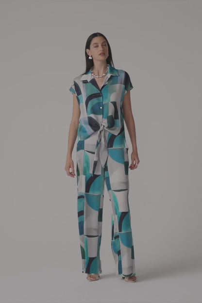 Textured Satin Geometric Print Wide Leg Pull-On Trousers