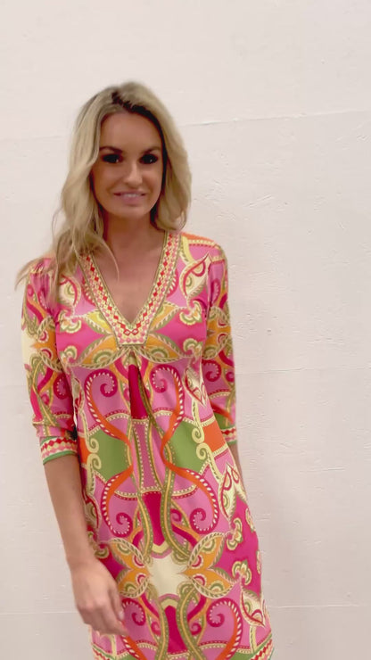 Vibrant Printed Dress with Decorative V-Neckline A400