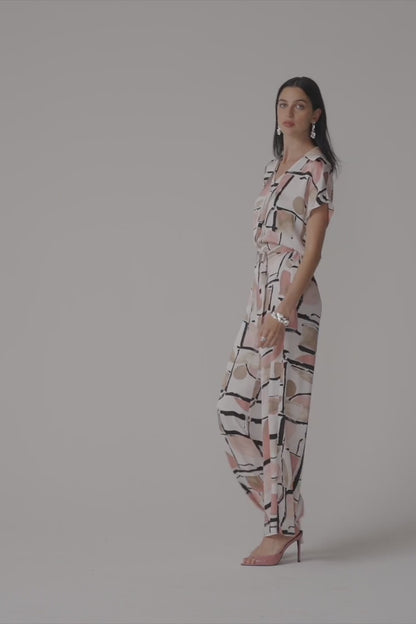 Recycled Satin Abstract Print Boxy Top With V-neckline