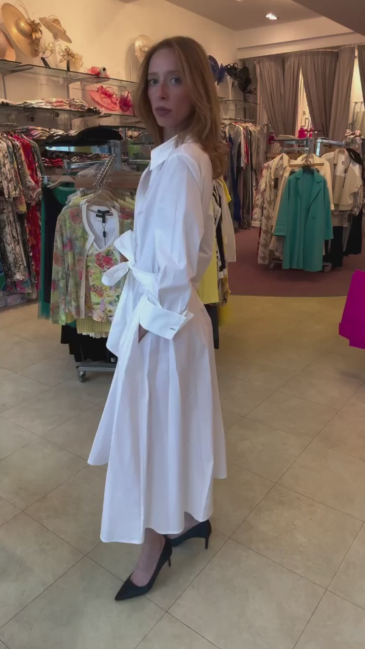 White Shirtwaist Cotton Midi  Dress 47560