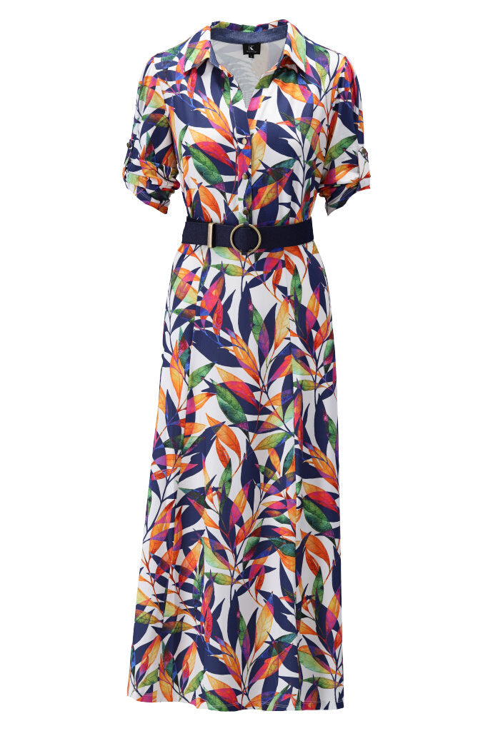 Leaf Print Maxi Dress with Belt Y307