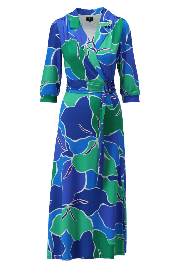 Blue/Green Abstract Wrap Midi Dress Y358