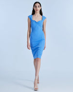 Load image into Gallery viewer, Blue Midi Pencil Dress with Gathered details 33-3076
