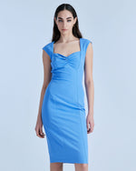 Load image into Gallery viewer, Blue Midi Pencil Dress with Gathered details 33-3076
