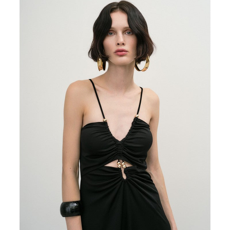 Maxi Black Jersey Dress with Cut-outs and Beads 33-3312