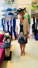 Load and play video in Gallery viewer, Navy Lace Dress with Light Gold Jacket 93581
