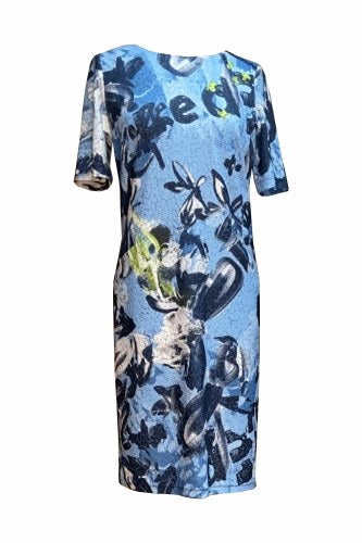 Abstract Floral Print Blue Dress with Inset Pockets - Lucindas on-line