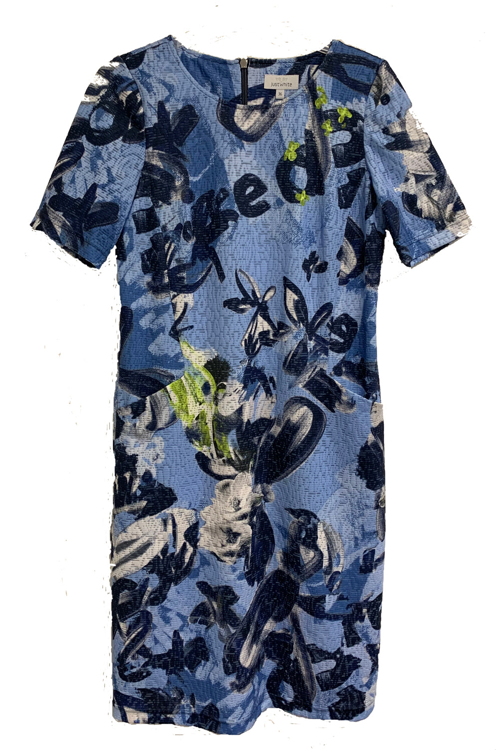 Just White Abstract Floral Print Blue Dress with Inset Pockets