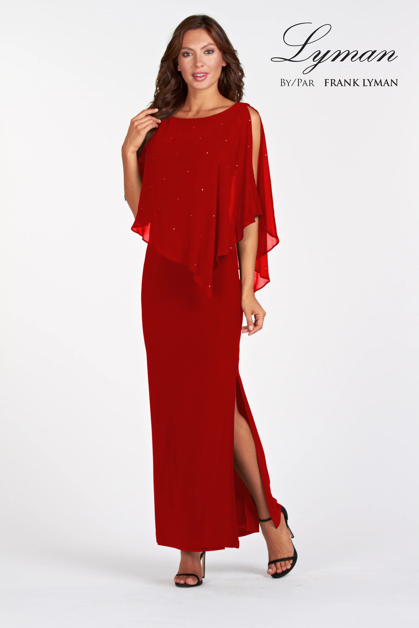 Red Chiffon Cape Stud Detail Gown 68004