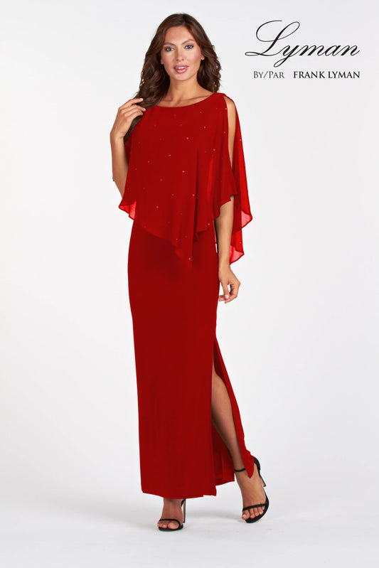 Red Chiffon Cape Stud Detail Gown 68004