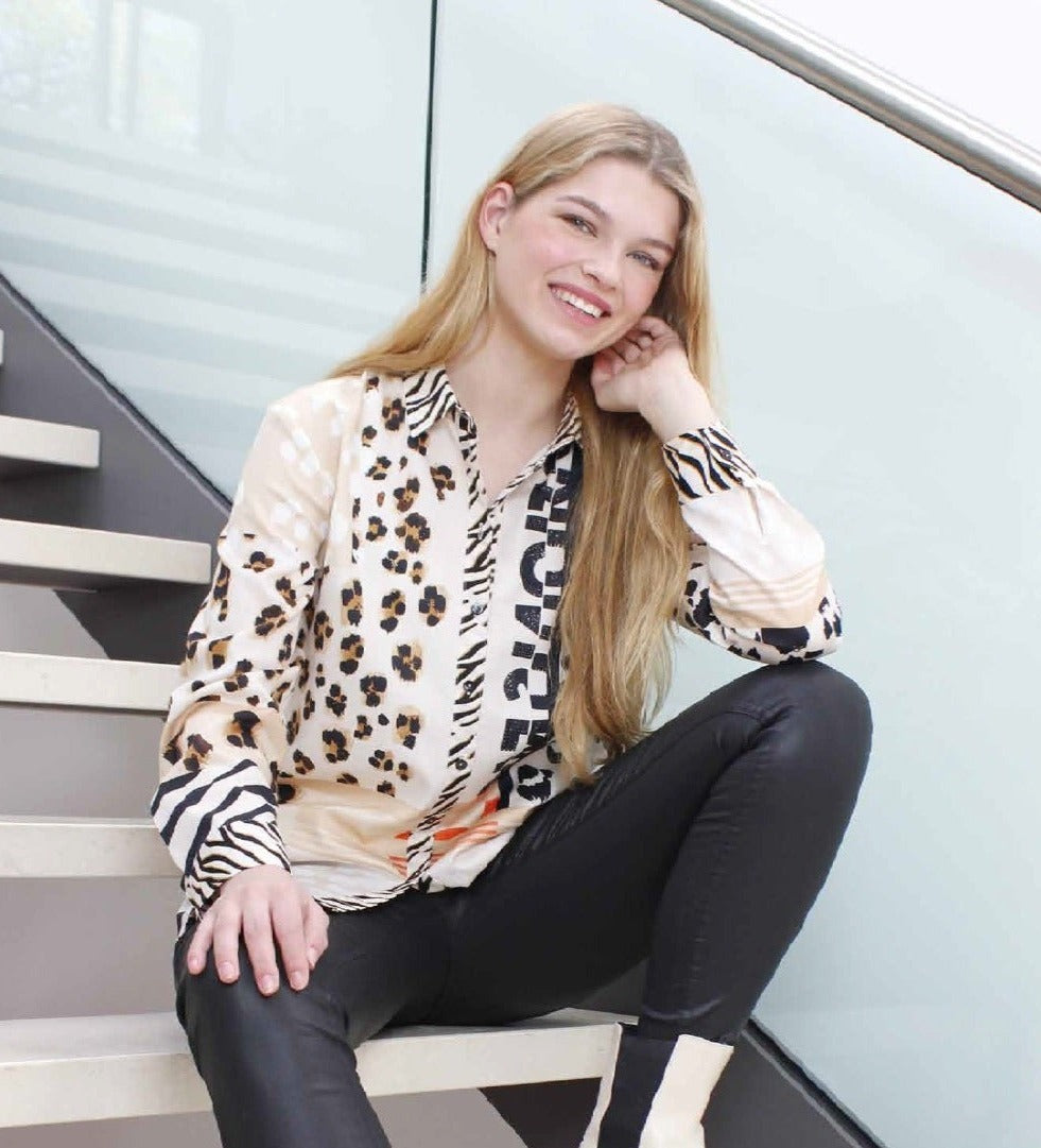 Just White Mixed Animal Prints Oversize Shirt J2459