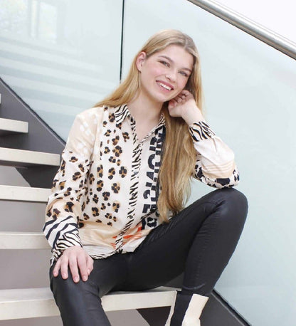 Just White Mixed Animal Prints Oversize Shirt J2459