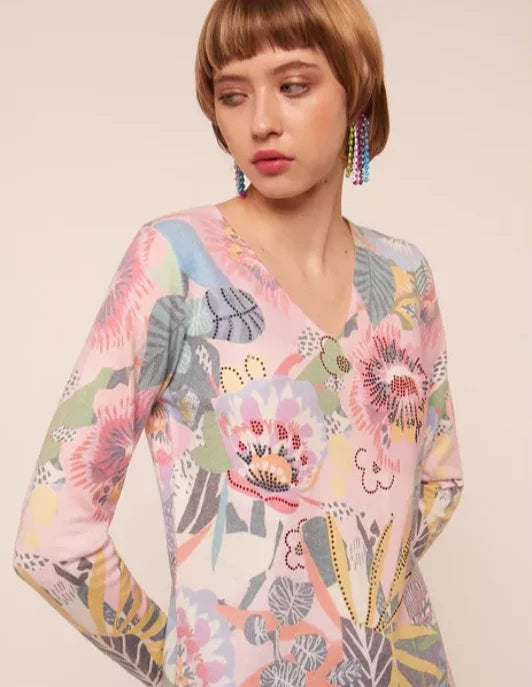 Soft Pastel Floral Jumper with Stones KH314