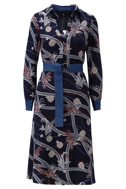 Navy Chain Fine Knit Midi Dress with Belt - Lucindas on-line