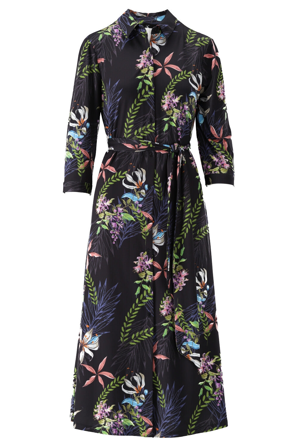 Navy Floral Printed Button Down Midi Dress with Belt - Lucindas on-line