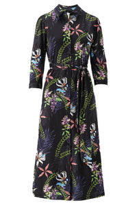 Navy Floral Printed Button Down Midi Dress with Belt