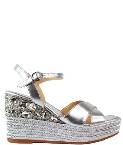 Silver Cross Sandal with Jewelled Wedge