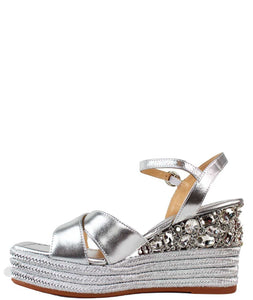 Silver Cross Sandal with Jewelled Wedge
