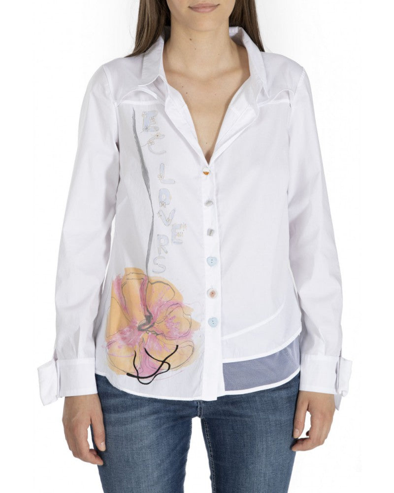 White Shirt with Flower & Mesh Details