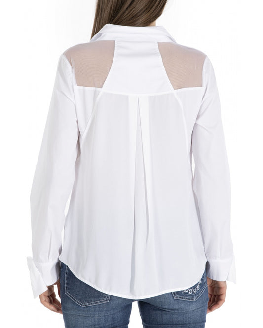 White Shirt with Flower & Mesh Details