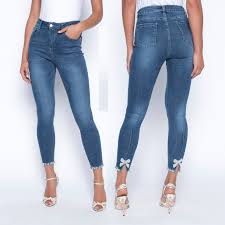 Frank Lyman Blue Stretch Jeans with Diamanté & Pearl Hem 226121 - Lucindas on-line
