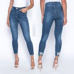 Load image into Gallery viewer, Frank Lyman Blue Stretch Jeans with Diamanté &amp; Pearl Hem 226121 - Lucindas on-line
