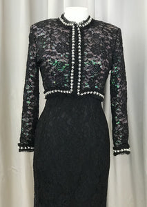 Vintage black lace bolero jacket with pink sequins underlay