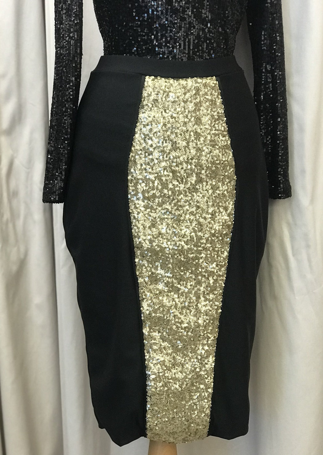 Curve gold sequin black midi pencil skirt