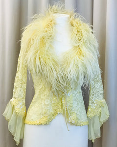 Lemon yellow vintage lace jacket with faux feather collar
