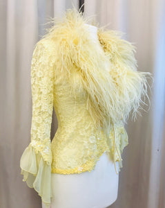Lemon yellow vintage lace jacket with faux feather collar
