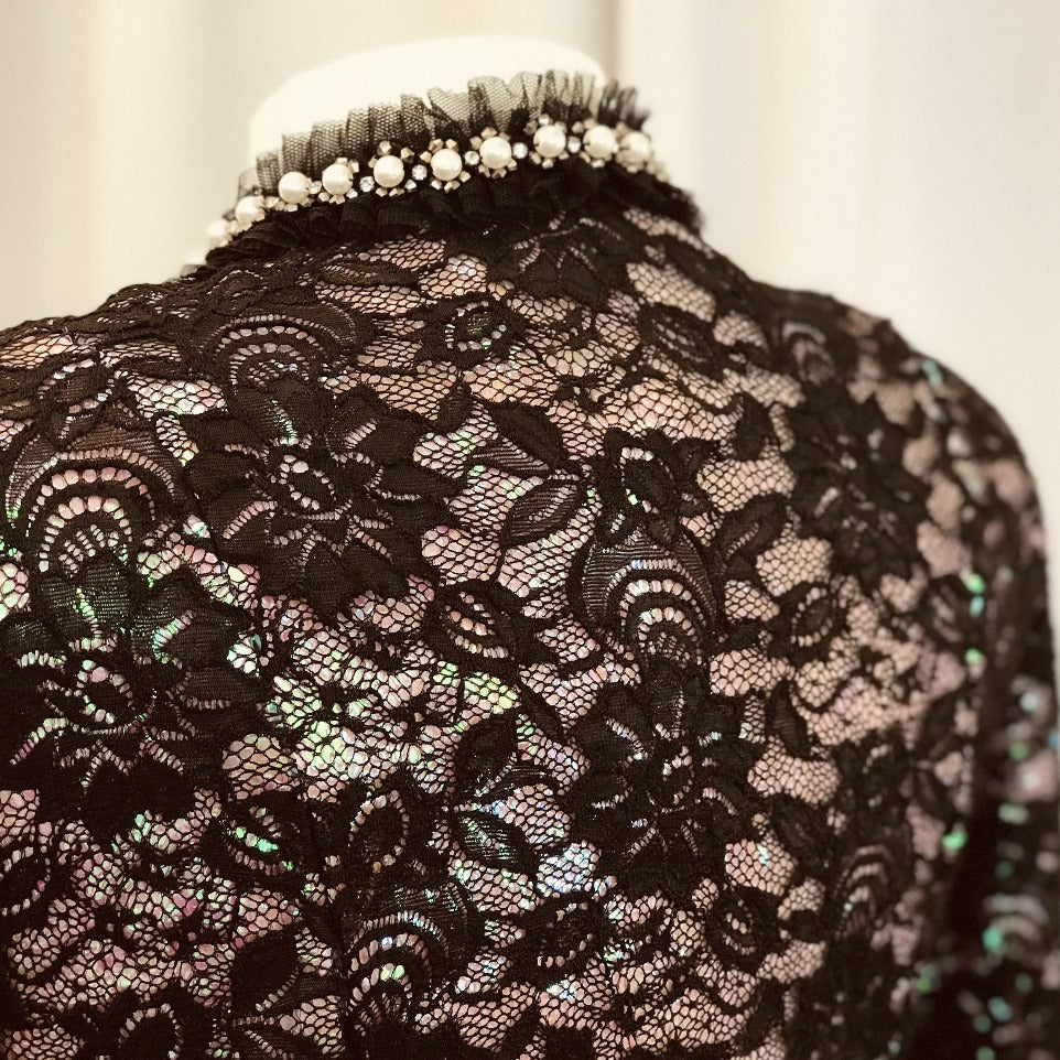 Vintage black lace bolero jacket with pink sequins underlay - Lucindas on-line