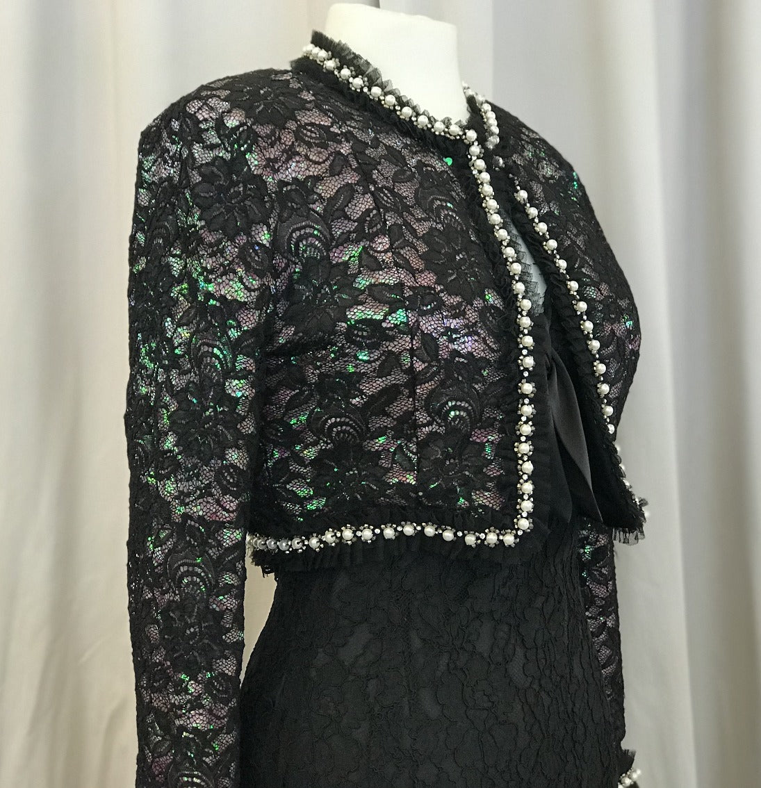 Vintage black lace bolero jacket with pink sequins underlay - Lucindas on-line