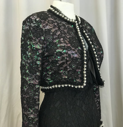 Vintage black lace bolero jacket with pink sequins underlay - Lucindas on-line