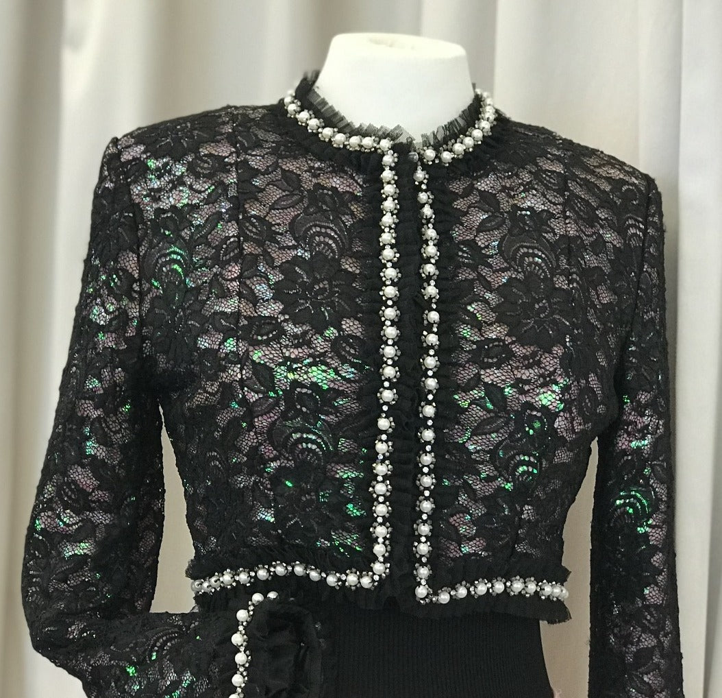 Vintage black lace bolero jacket with pink sequins underlay - Lucindas on-line
