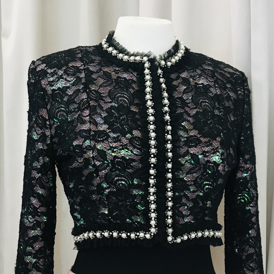 Vintage black lace bolero jacket with pink sequins underlay - Lucindas on-line