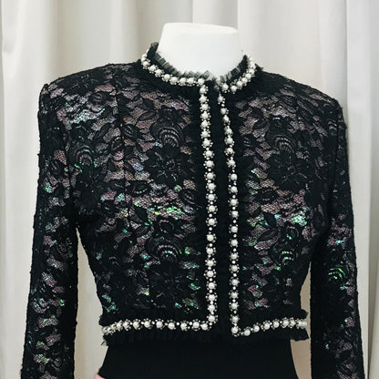 Vintage black lace bolero jacket with pink sequins underlay - Lucindas on-line