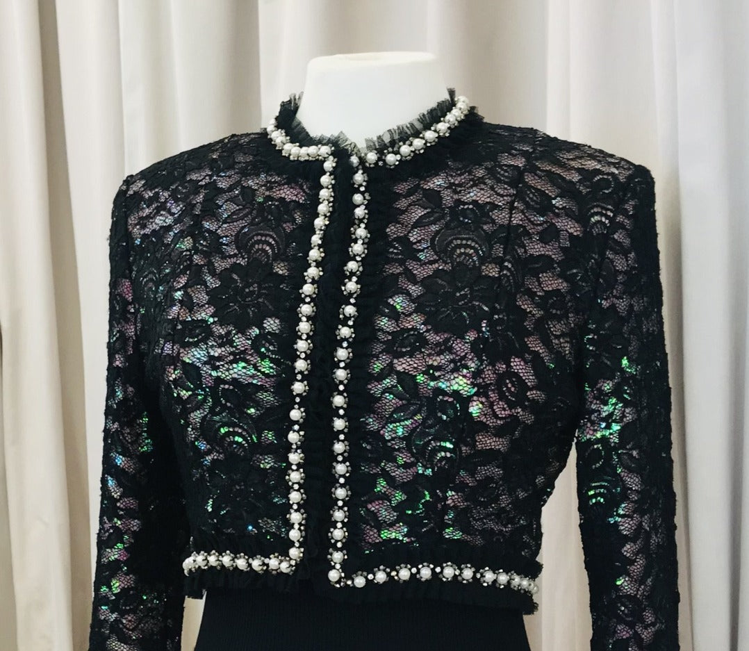Vintage black lace bolero jacket with pink sequins underlay