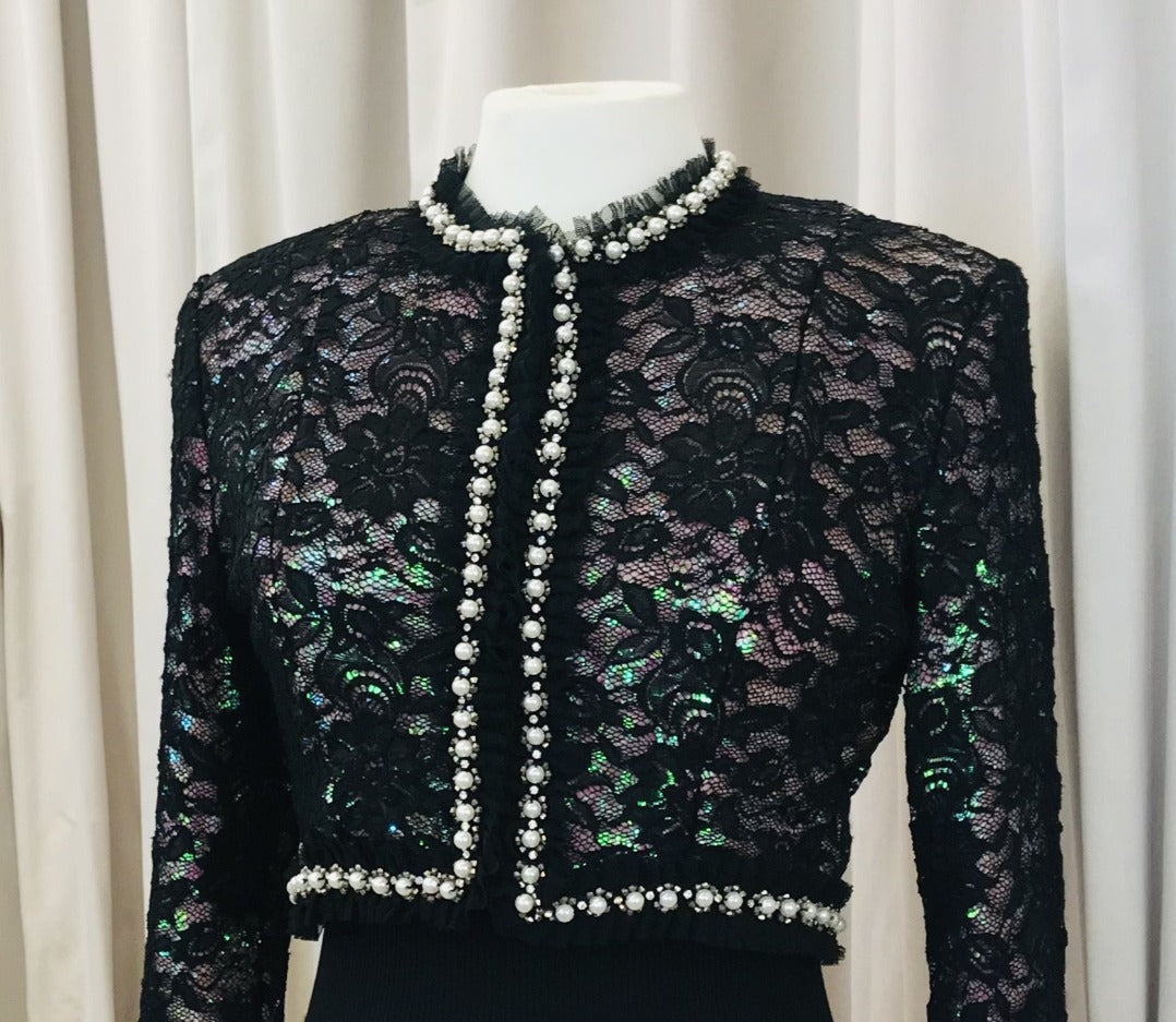 Vintage black lace bolero jacket with pink sequins underlay - Lucindas on-line