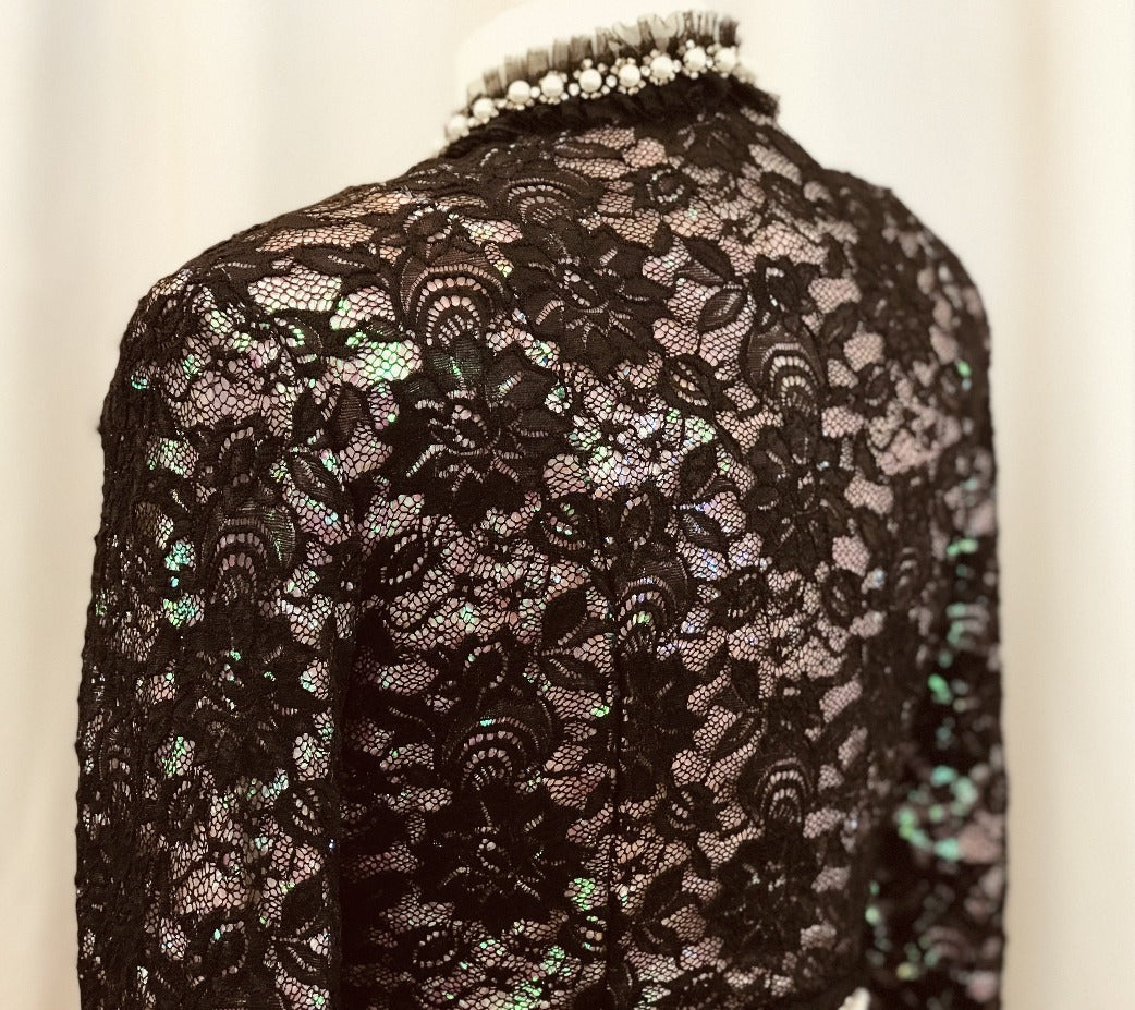 Vintage black lace bolero jacket with pink sequins underlay - Lucindas on-line