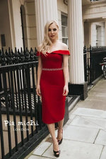Load image into Gallery viewer, Pia Michi Coral Red Bardot Dress 1817
